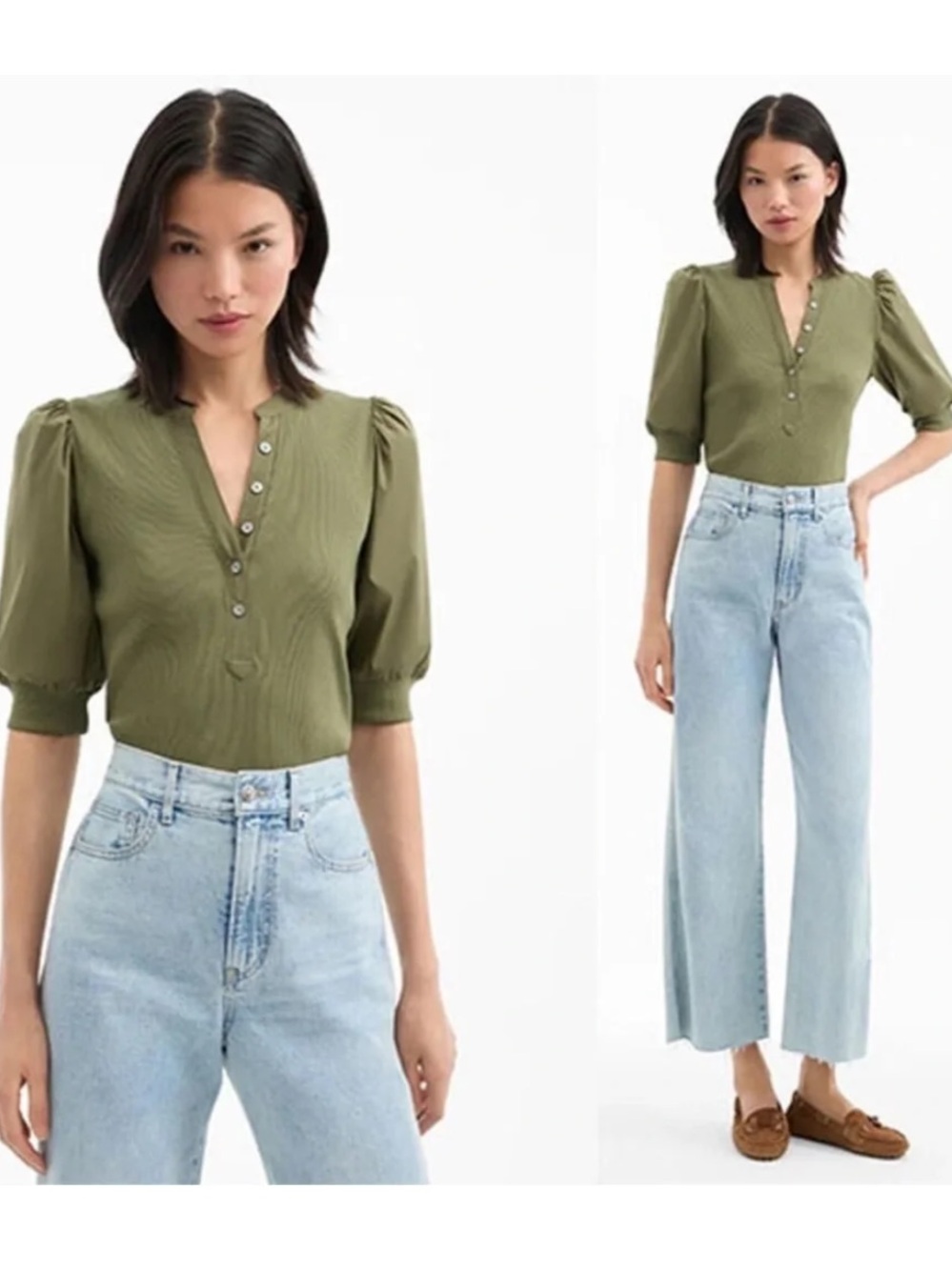 Veronica Beard Coralee Poplin Puff Sleeve Top Green Size S